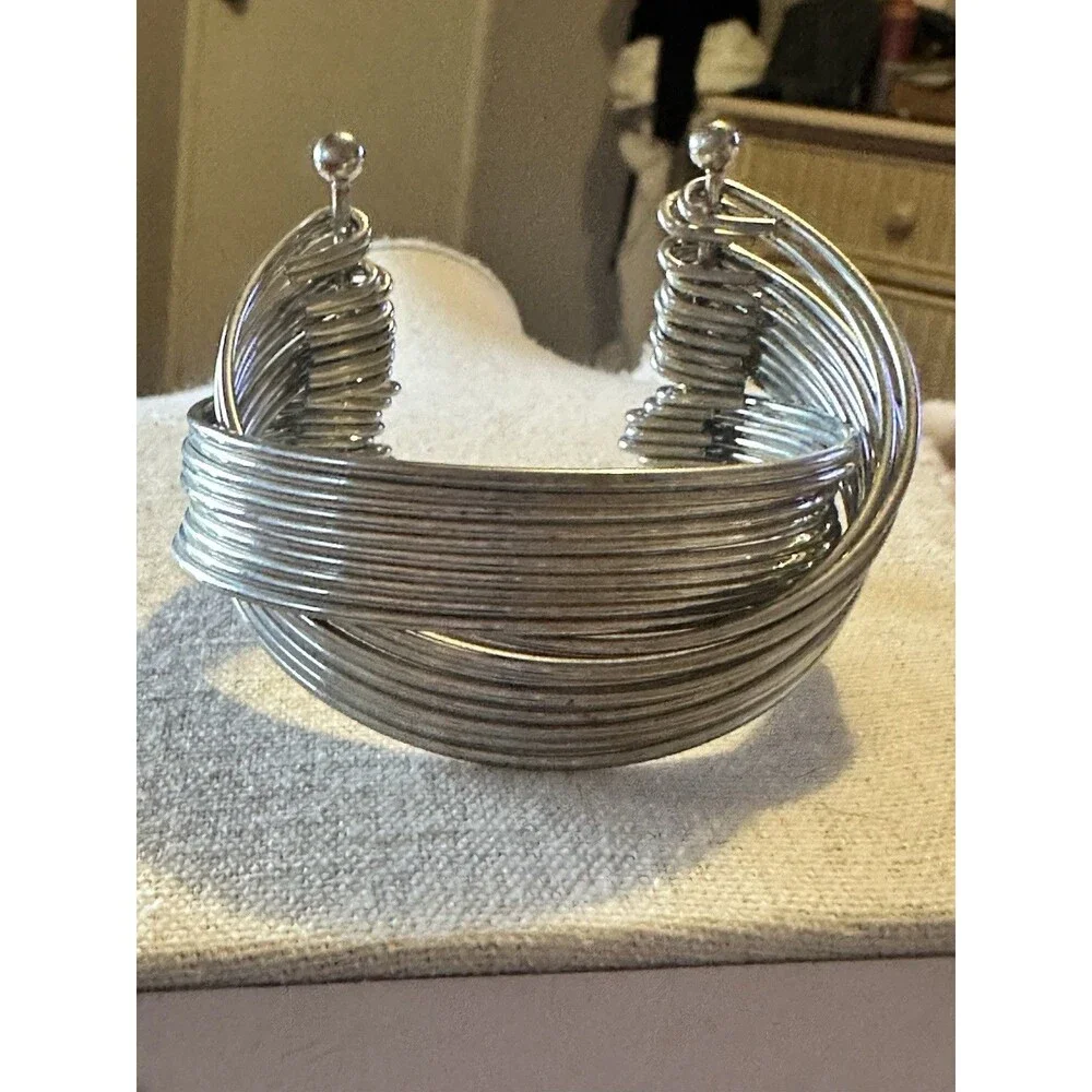 Silver Tone Multi Wire Wrap Cuff Bracelet Wide Open Crossover Statement